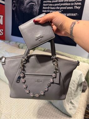 Coach Grey Pebbled Leather Tote with Floral Crystal Chain and Matching Wallet